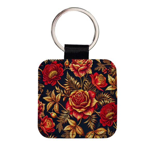 Neon Red And Gold Rose Floral Pattern Faux Leather Square Keychain