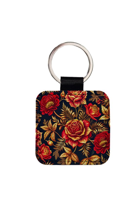 Neon Red And Gold Rose Floral Pattern Faux Leather Square Keychain