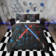 thumbnail image 1 of Neon Red Blue Lightsaber Bedding Set Full Geometric Honeycomb 7Pcs Comforter Set Teens Room Decor Fashion Games Fitted + Flat Sheet Black 3D Hexagon 2 Pillow Cover,2 Pillowcases, 1 of 5