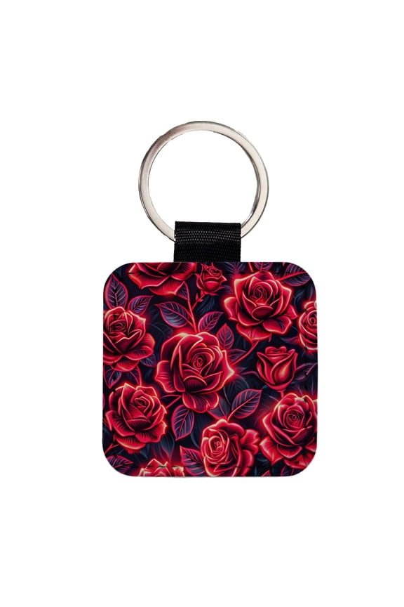 Neon Red Rose Floral Pattern Faux Leather Square Keychain
