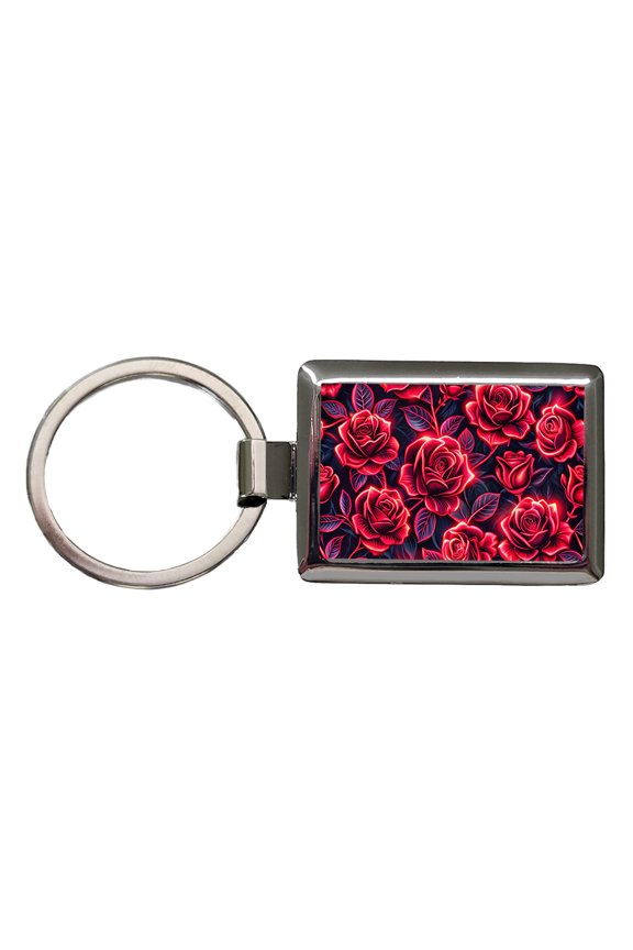 Neon Red Rose Floral Pattern Metal Rectangle Keychain