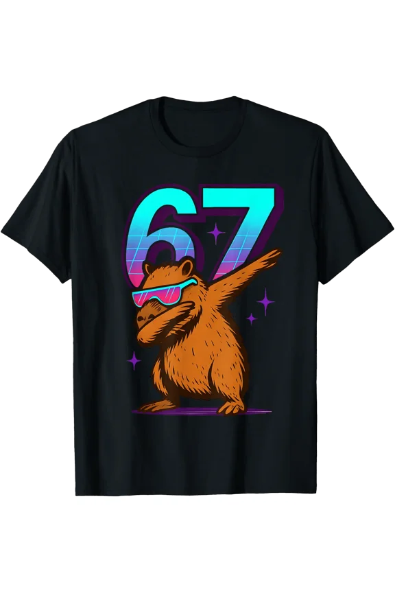 Neon Retro Dabbing Capybara 67 Meme Capy Lover Teens Kids T-Shirt