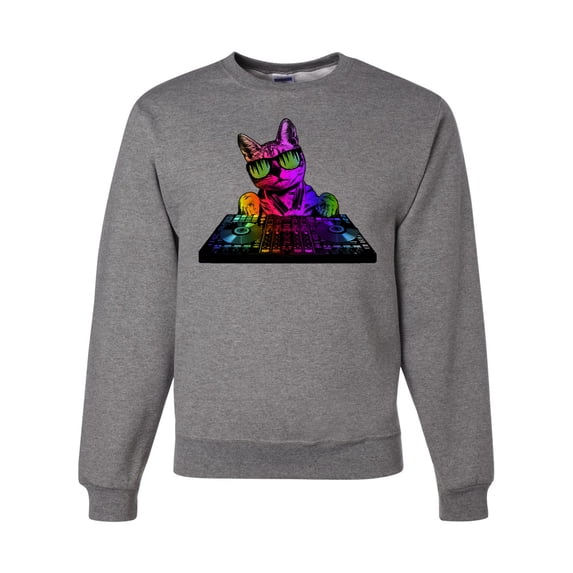 Neon Retro Rainbow DJ MC Hip Hop Cat | Mens Cat Lover Crewneck Graphic Sweatshirt, Heather Grey, 3XL