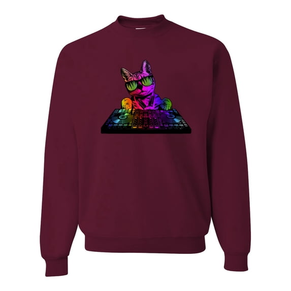 Neon Retro Rainbow DJ MC Hip Hop Cat | Mens Cat Lover Crewneck Graphic Sweatshirt, Maroon, X-Large