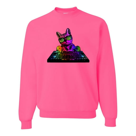 Neon Retro Rainbow DJ MC Hip Hop Cat | Mens Cat Lover Crewneck Graphic Sweatshirt, Neon Pink, 2XL