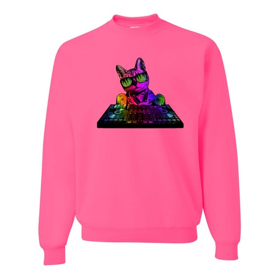 Neon Retro Rainbow DJ MC Hip Hop Cat | Mens Cat Lover Crewneck Graphic Sweatshirt, Neon Pink, X-Large