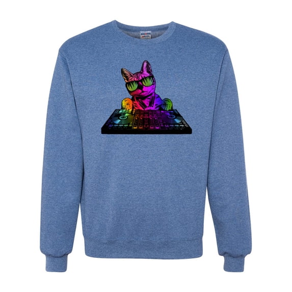Neon Retro Rainbow DJ MC Hip Hop Cat | Mens Cat Lover Crewneck Graphic Sweatshirt, Vintage Heather Blue, X-Large