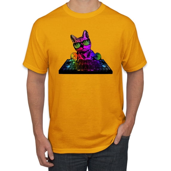 Neon Retro Rainbow DJ MC Hip Hop Cat | Mens Cat Lover Graphic T-Shirt, Gold, 2XL