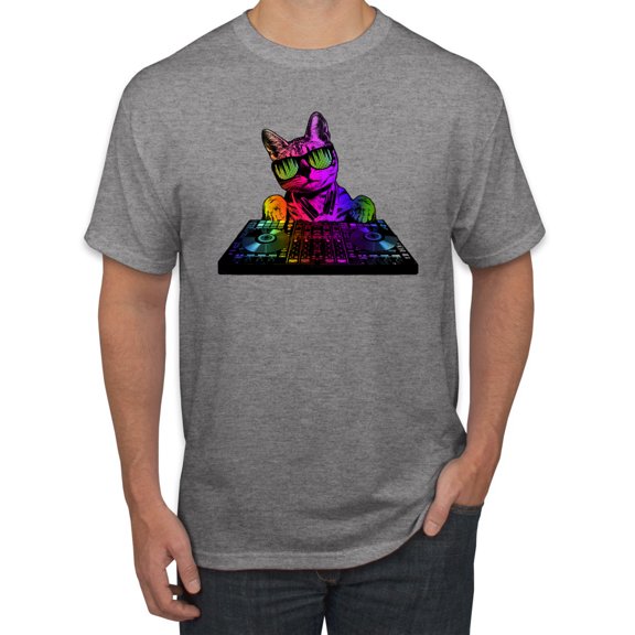 Neon Retro Rainbow DJ MC Hip Hop Cat | Mens Cat Lover Graphic T-Shirt, Heather Grey, 3XL