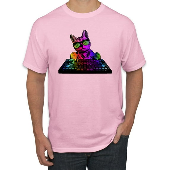 Neon Retro Rainbow DJ MC Hip Hop Cat | Mens Cat Lover Graphic T-Shirt, Light Pink, X-Large