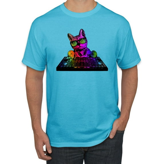 Neon Retro Rainbow DJ MC Hip Hop Cat | Mens Cat Lover Graphic T-Shirt, Light Turquoise, 2XL