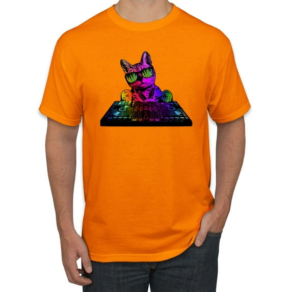 Neon Retro Rainbow DJ MC Hip Hop Cat | Mens Cat Lover Graphic T-Shirt, Orange, Large