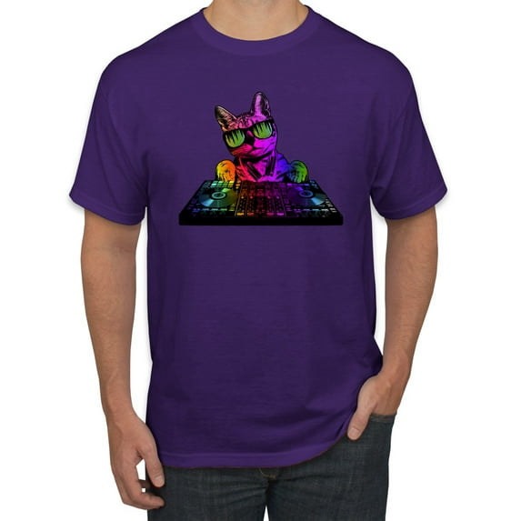 Neon Retro Rainbow DJ MC Hip Hop Cat | Mens Cat Lover Graphic T-Shirt, Purple, Medium