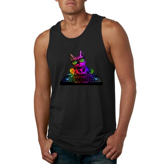 Neon Retro Rainbow DJ MC Hip Hop Cat | Mens Cat Lover Graphic Tank Top, Black, Medium