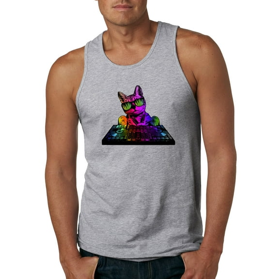 Neon Retro Rainbow DJ MC Hip Hop Cat | Mens Cat Lover Graphic Tank Top, Heather Grey, 2XL