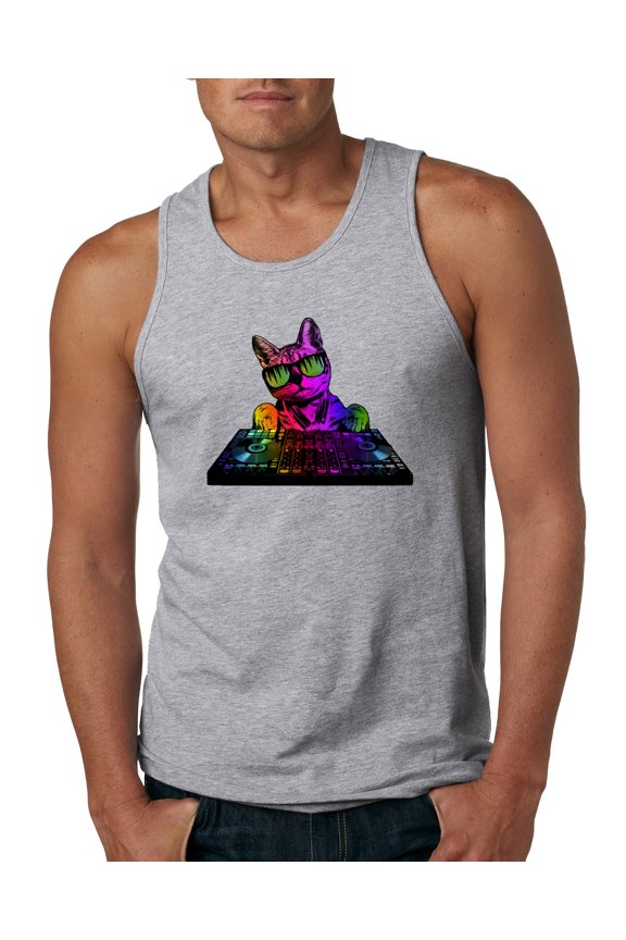 Neon Retro Rainbow DJ MC Hip Hop Cat | Mens Cat Lover Graphic Tank Top, Heather Grey, 3XL