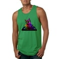 thumbnail image 1 of Neon Retro Rainbow DJ MC Hip Hop Cat | Mens Cat Lover Graphic Tank Top, Kelly, 3XL, 1 of 4