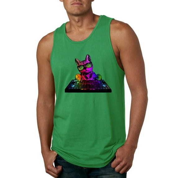 Neon Retro Rainbow DJ MC Hip Hop Cat | Mens Cat Lover Graphic Tank Top, Kelly, 3XL