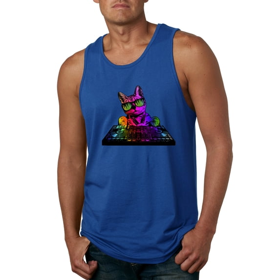 Neon Retro Rainbow DJ MC Hip Hop Cat | Mens Cat Lover Graphic Tank Top, Royal, X-Large