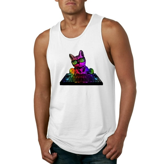 Neon Retro Rainbow DJ MC Hip Hop Cat | Mens Cat Lover Graphic Tank Top, White, 3XL