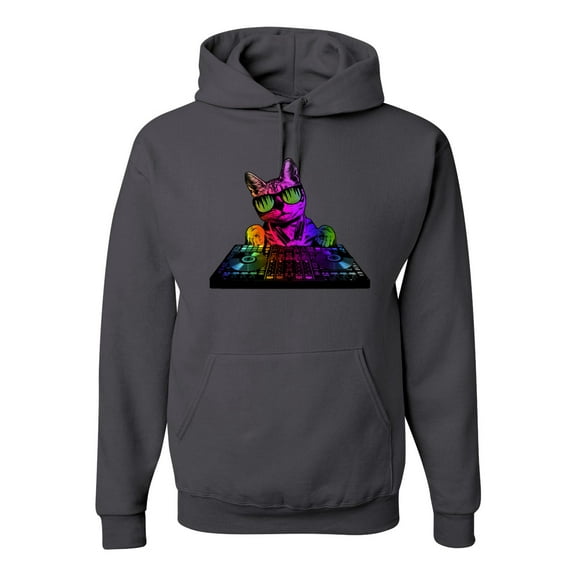 Neon Retro Rainbow DJ MC Hip Hop Cat | Mens Cat Lover Hooded Sweatshirt Graphic Hoodie, Charcoal, Medium