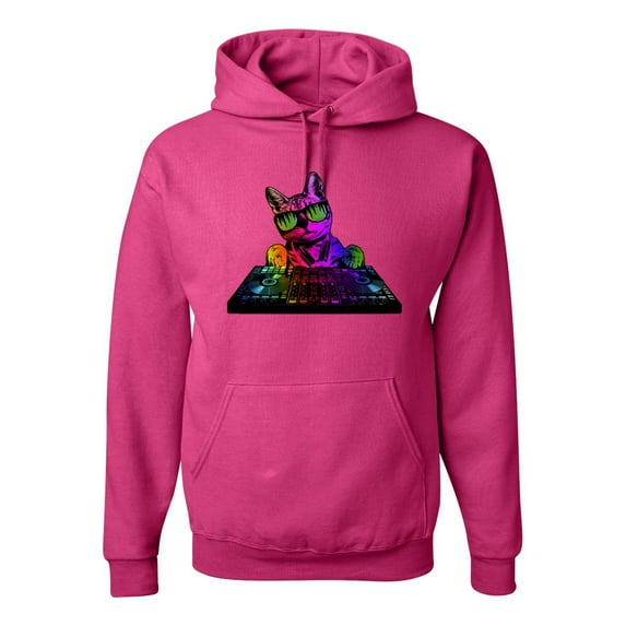 Neon Retro Rainbow DJ MC Hip Hop Cat | Mens Cat Lover Hooded Sweatshirt Graphic Hoodie, Fuschia, 2XL
