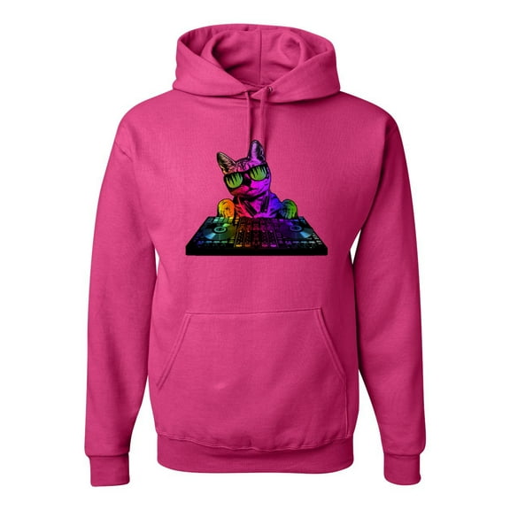 Neon Retro Rainbow DJ MC Hip Hop Cat | Mens Cat Lover Hooded Sweatshirt Graphic Hoodie, Fuschia, X-Large