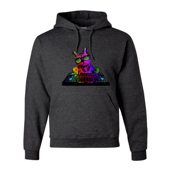 Neon Retro Rainbow DJ MC Hip Hop Cat | Mens Cat Lover Hooded Sweatshirt Graphic Hoodie, Heather Black, Medium