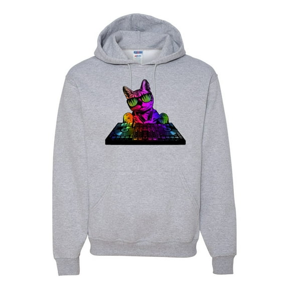 Neon Retro Rainbow DJ MC Hip Hop Cat | Mens Cat Lover Hooded Sweatshirt Graphic Hoodie, Heather Grey, X-Large