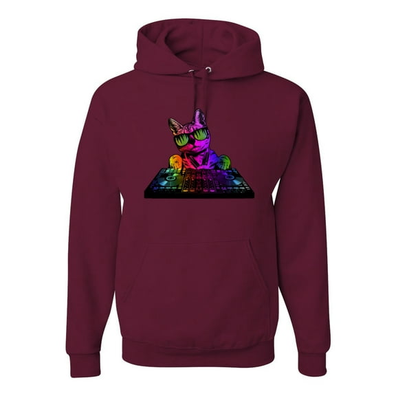 Neon Retro Rainbow DJ MC Hip Hop Cat | Mens Cat Lover Hooded Sweatshirt Graphic Hoodie, Maroon, Large