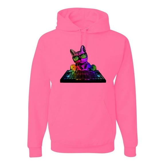 Neon Retro Rainbow DJ MC Hip Hop Cat | Mens Cat Lover Hooded Sweatshirt Graphic Hoodie, Neon Pink, 2XL