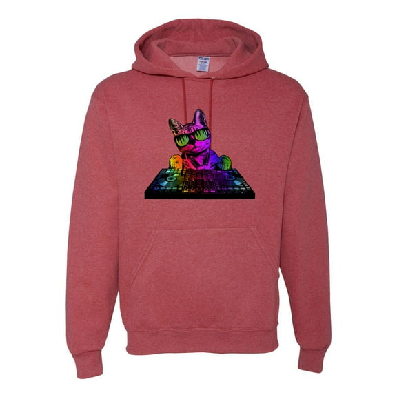 Neon Retro Rainbow DJ MC Hip Hop Cat | Mens Cat Lover Hooded Sweatshirt Graphic Hoodie, Vintage Heather Red, X-Large