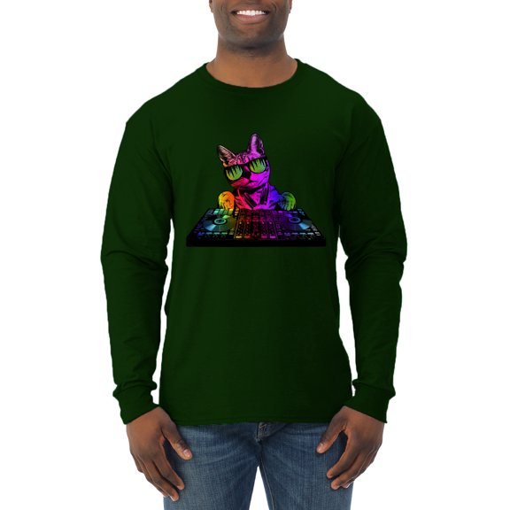 Neon Retro Rainbow DJ MC Hip Hop Cat | Mens Cat Lover Long Sleeve T-Shirt, Forest Green, Medium