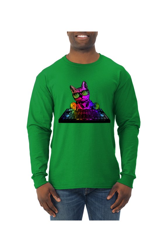 Neon Retro Rainbow DJ MC Hip Hop Cat | Mens Cat Lover Long Sleeve T-Shirt, Kelly, Medium