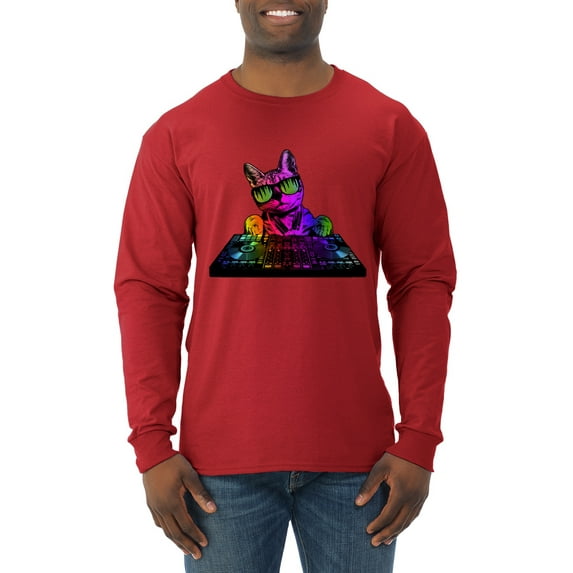 Neon Retro Rainbow DJ MC Hip Hop Cat | Mens Cat Lover Long Sleeve T-Shirt, Red, Large