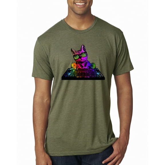 Neon Retro Rainbow DJ MC Hip Hop Cat | Mens Cat Lover Premium Tri Blend T-Shirt, Military Green, X-Large