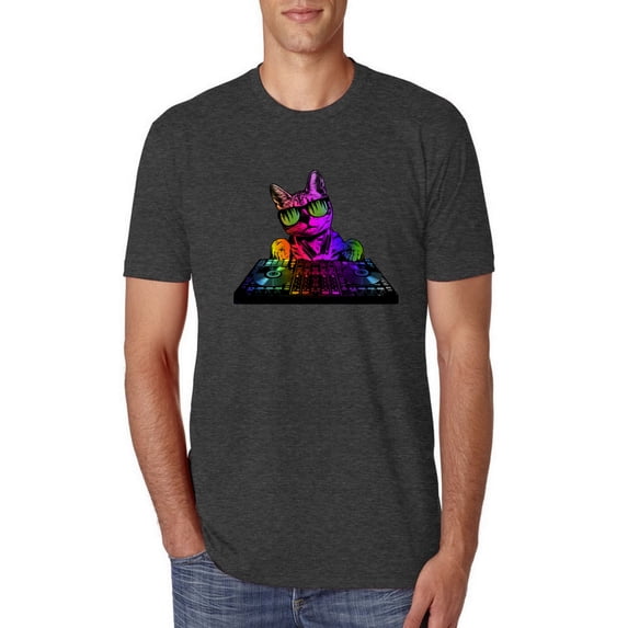 Neon Retro Rainbow DJ MC Hip Hop Cat | Mens Cat Lover Premium Tri Blend T-Shirt, Vintage Black, Small