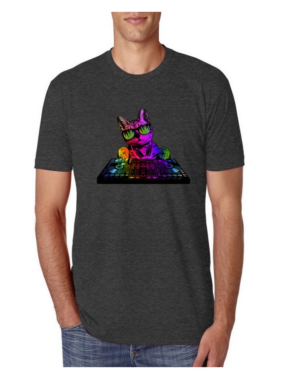 Neon Retro Rainbow DJ MC Hip Hop Cat | Mens Cat Lover Premium Tri Blend T-Shirt, Vintage Black, X-Large