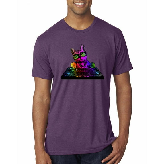 Neon Retro Rainbow DJ MC Hip Hop Cat | Mens Cat Lover Premium Tri Blend T-Shirt, Vintage Purple, Medium