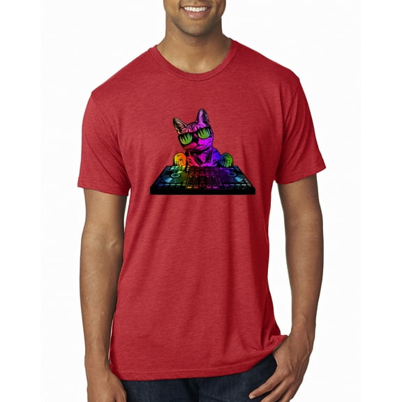 Neon Retro Rainbow DJ MC Hip Hop Cat | Mens Cat Lover Premium Tri Blend T-Shirt, Vintage Red, Large
