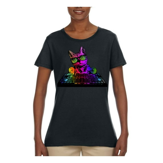 Neon Retro Rainbow DJ MC Hip Hop Cat | Womens Cat Lover Graphic T-Shirt, Black, X-Large