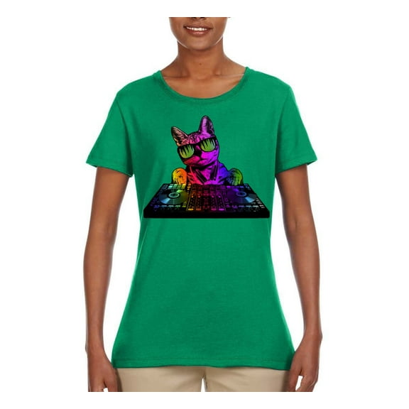 Neon Retro Rainbow DJ MC Hip Hop Cat | Womens Cat Lover Graphic T-Shirt, Kelly, X-Large