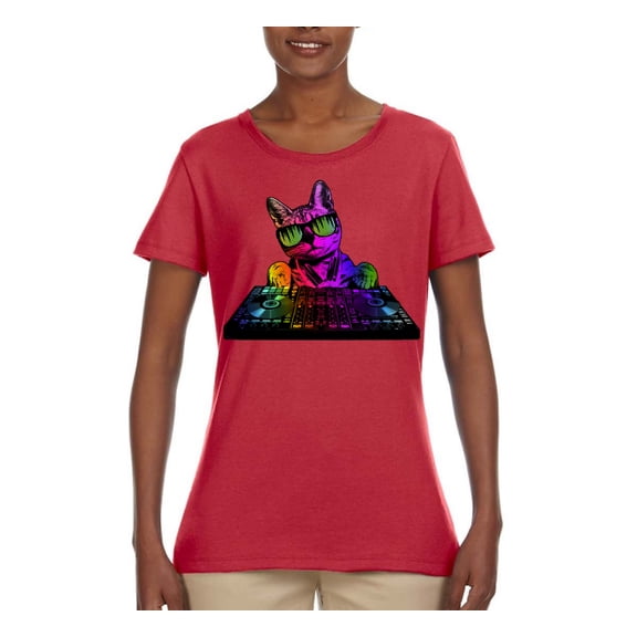 Neon Retro Rainbow DJ MC Hip Hop Cat | Womens Cat Lover Graphic T-Shirt, Red, Medium