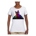 thumbnail image 1 of Neon Retro Rainbow DJ MC Hip Hop Cat | Womens Cat Lover Graphic T-Shirt, White, Small, 1 of 4