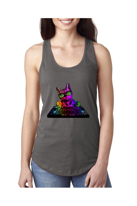 Neon Retro Rainbow DJ MC Hip Hop Cat | Womens Cat Lover Jersey Racerback Tank Top, Dark Grey, Large