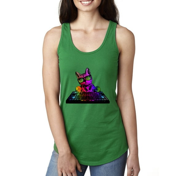 Neon Retro Rainbow DJ MC Hip Hop Cat | Womens Cat Lover Jersey Racerback Tank Top, Kelly, X-Large