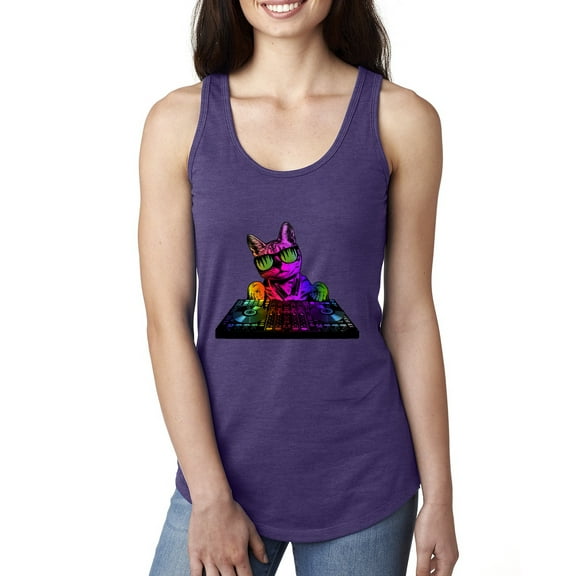 Neon Retro Rainbow DJ MC Hip Hop Cat | Womens Cat Lover Jersey Racerback Tank Top, Purple Rush, Large