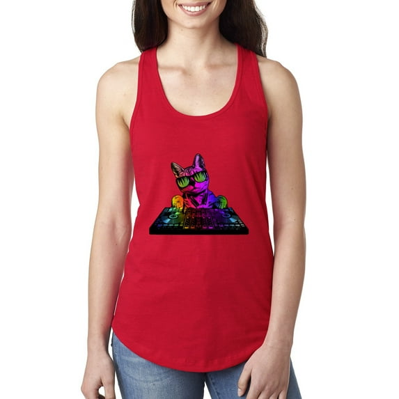 Neon Retro Rainbow DJ MC Hip Hop Cat | Womens Cat Lover Jersey Racerback Tank Top, Red, Medium