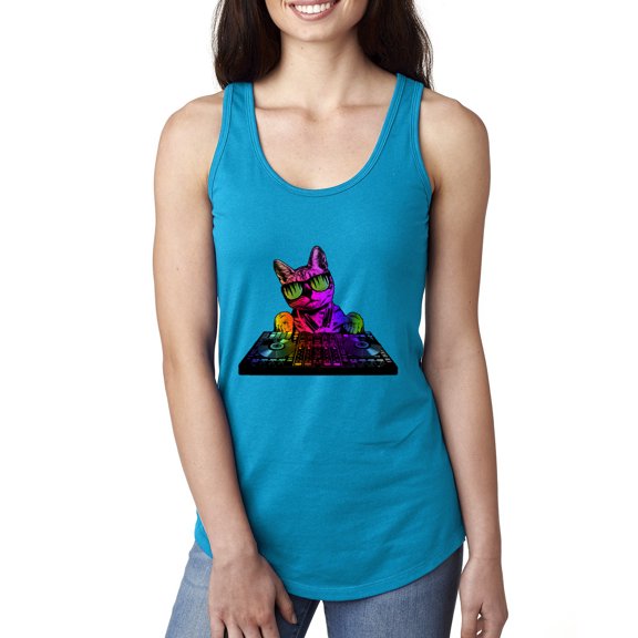 Neon Retro Rainbow DJ MC Hip Hop Cat | Womens Cat Lover Jersey Racerback Tank Top, Turquoise, Medium