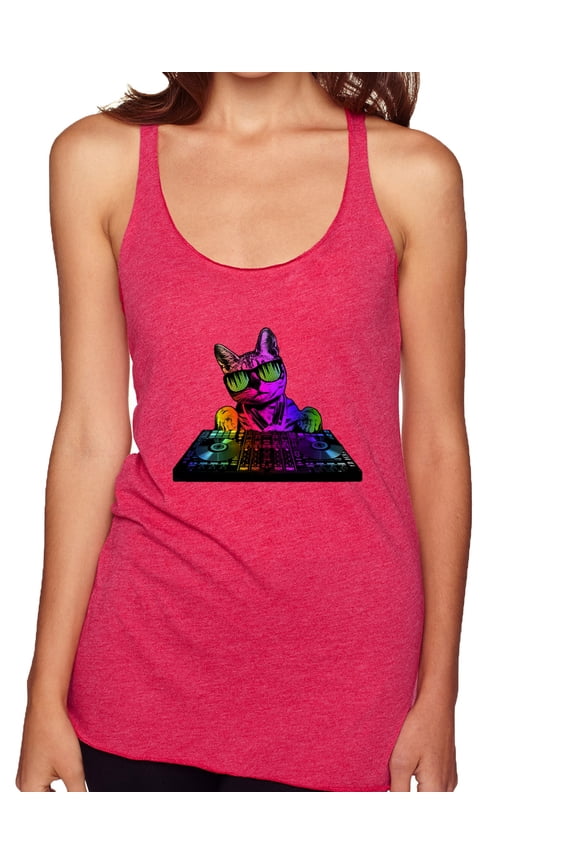 Neon Retro Rainbow DJ MC Hip Hop Cat | Womens Cat Lover Premium Tri-Blend Racerback Tank Top, Shocking Pink, Medium